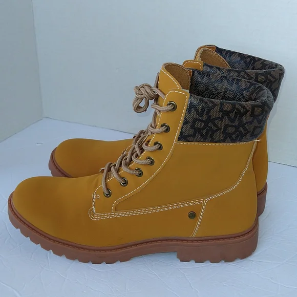 DKNY Miles Yellow Combat Moto Ankle Boots Faux Suede Lace-Up Size 8.5 - Picture 4 of 12